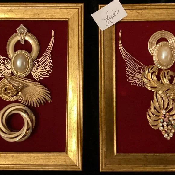 Sister angels, Lisa and Grace created from broken down Jewelry set on red velvet